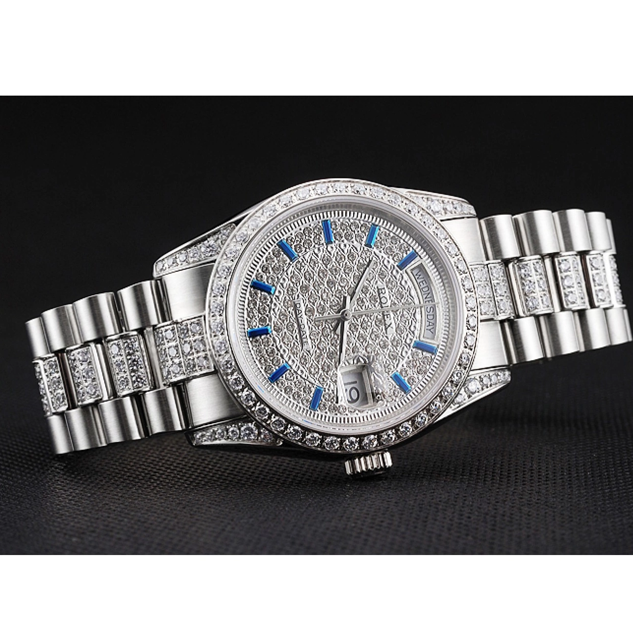 Rolex aaa copy Bezel Diamond And Steel Stainless Rolex Day Pave And Bracelet Swiss Dial Date 0608